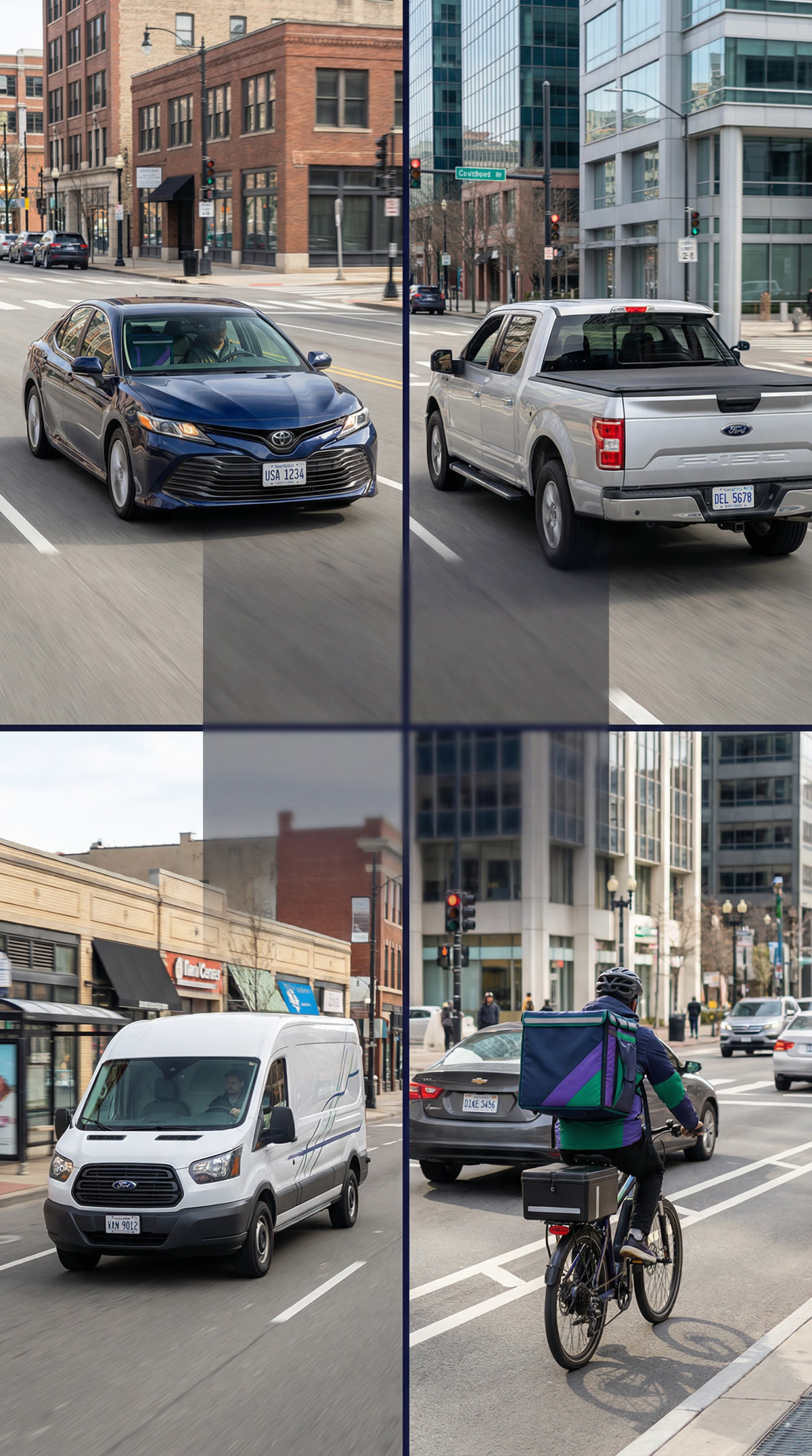 4-way vehicle split: sedan, truck, van, bike courier